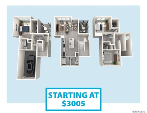 a 3d rendering of a floor plan with the words starting at 3005